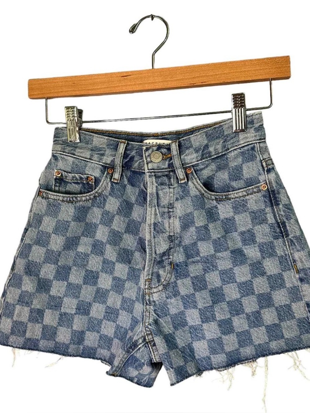 Ultra High Rise Vintage Checkered Shorts Size 26 Blue Frayed